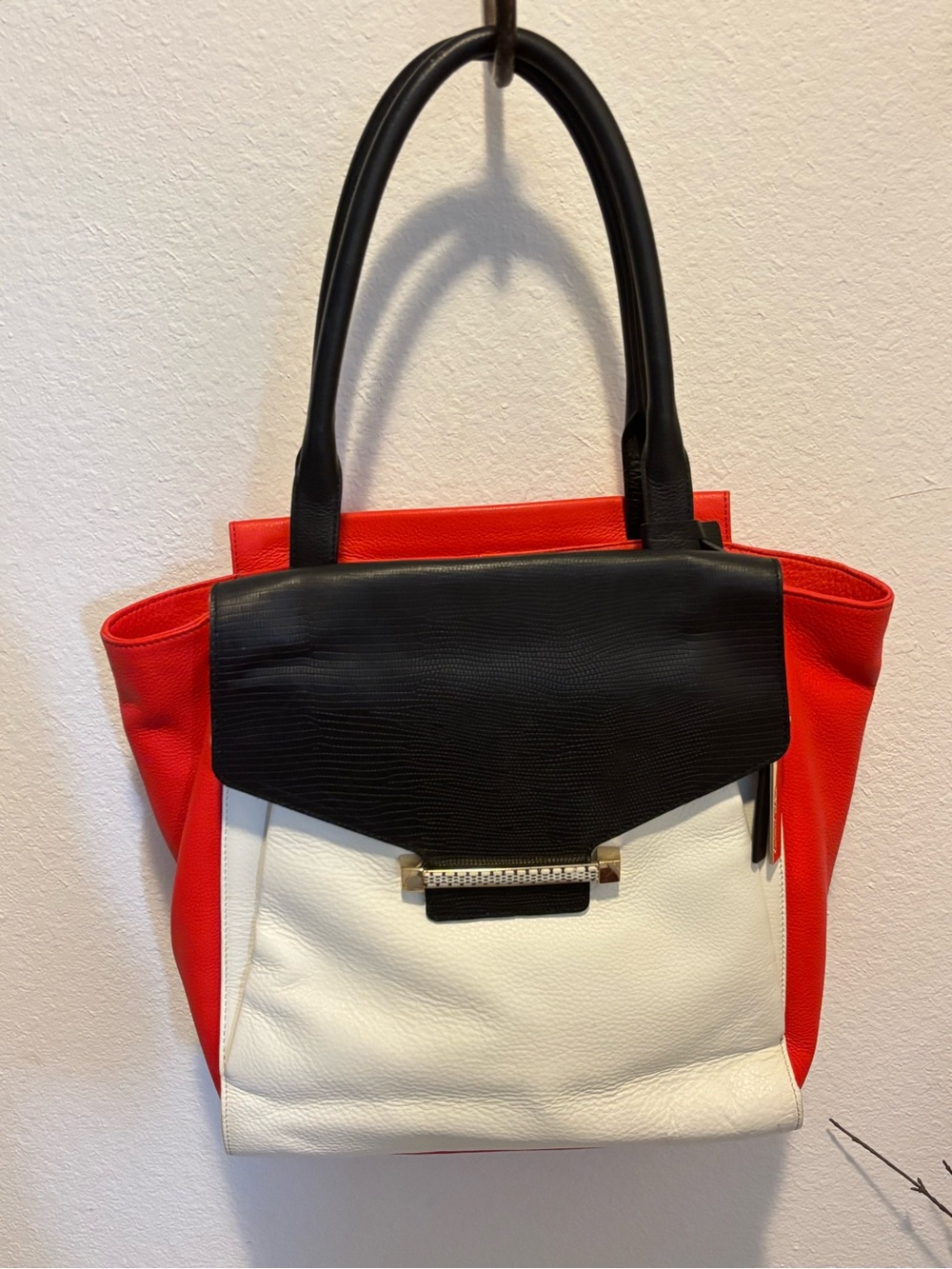 Vince Camuto Julia Large Satchel Handbag Purse Pebbled Leather Red White Black